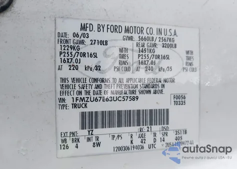 2003 Ford Explorer Sport Trac Xls/Xlt z USA, uszkodzony, nr VIN 1FMZU67E63UC57589